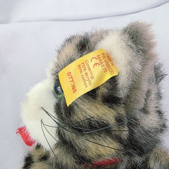 Steiff Snuffi Tabby Cat Plush Button Tag Green Eyes Bow Ribbon 6.5 Inch 077395 - Picture 9 of 10